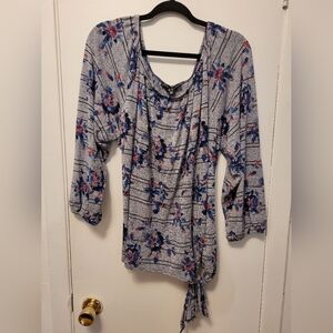 Love & Legend Floral Tie Front Cuffed Sleeve Blouse Grey Blue Size 4x